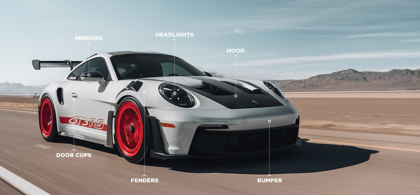 Diagram of PPF coverage areas: mirrors, headlights, hood, door cups, fenders, bumper