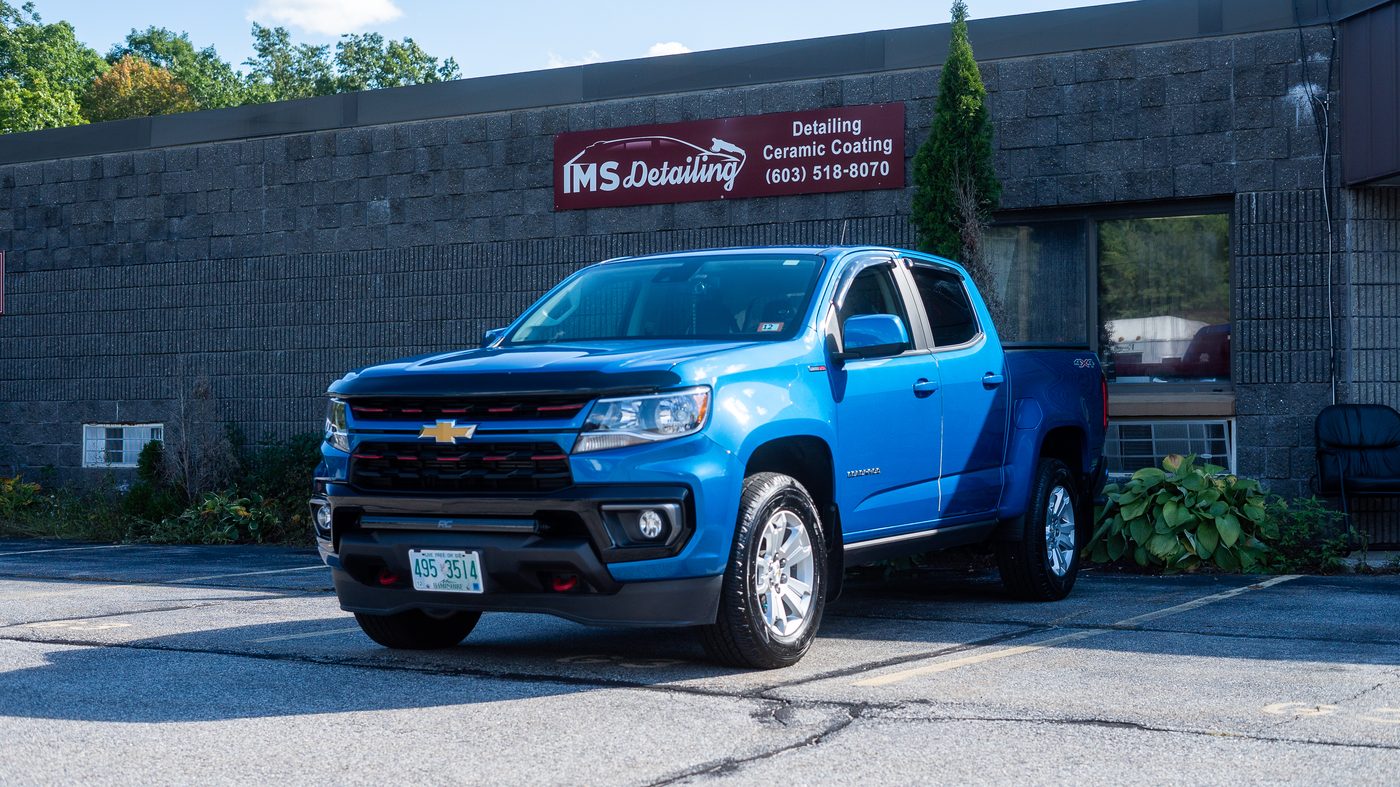 Blue Chevrolet after detailing at the IMS Detailing Hooksett, NH storefront